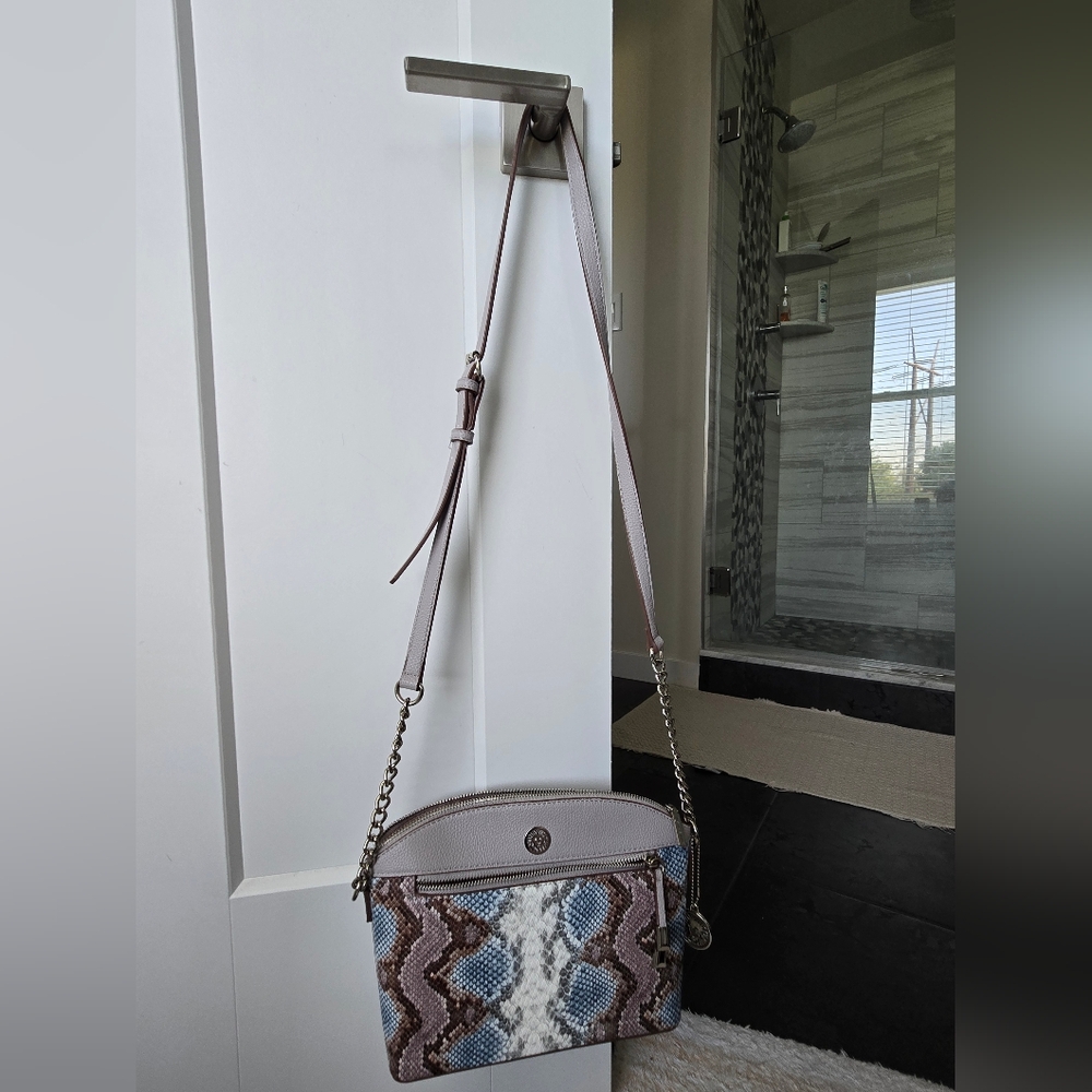 NEW Anne Klein Lavender Light Blue and Brown Snake Print Crossbody Handbag